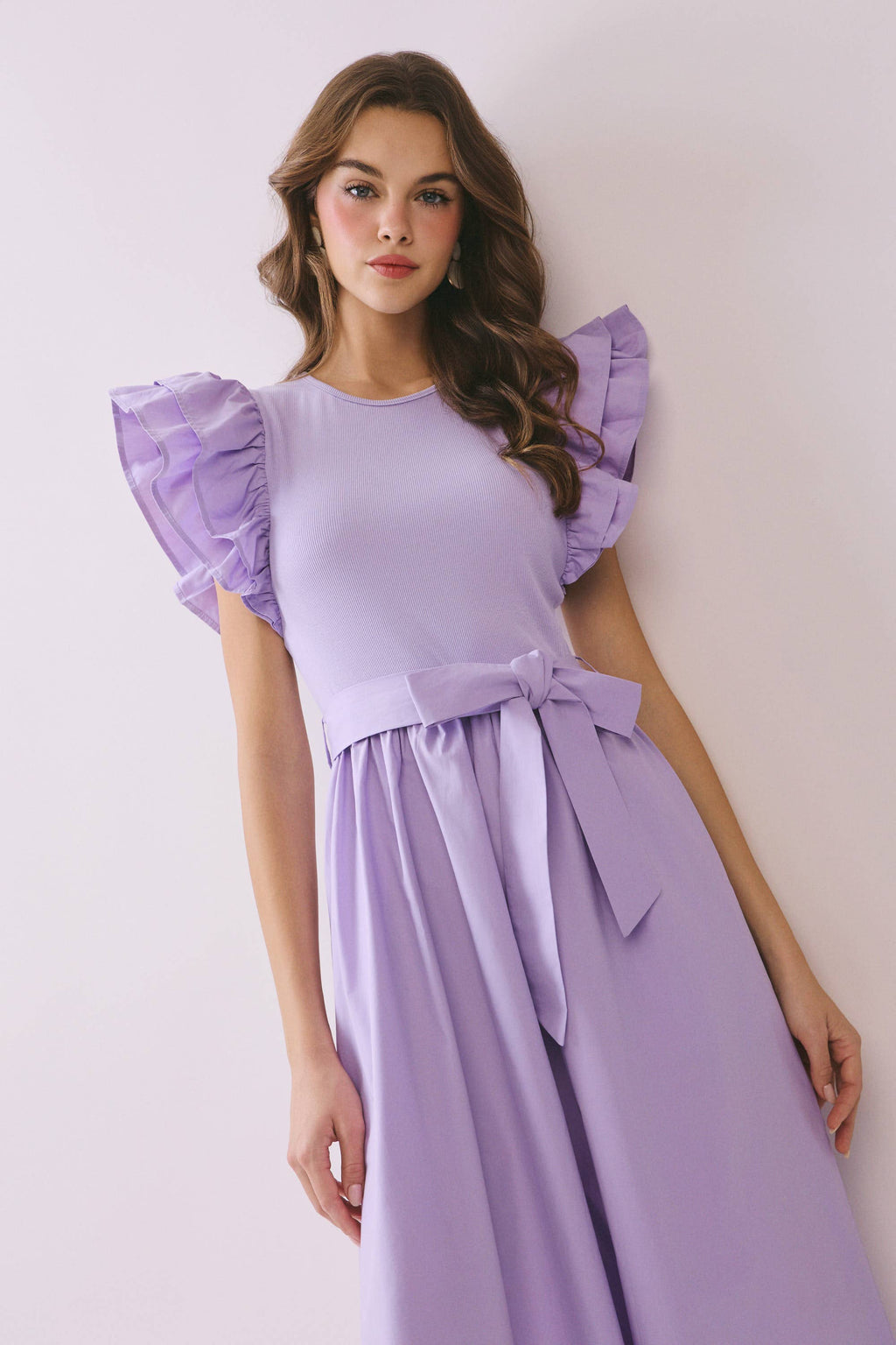 Dramatic Double Layered Ruffle Shoulder Midi Dress
