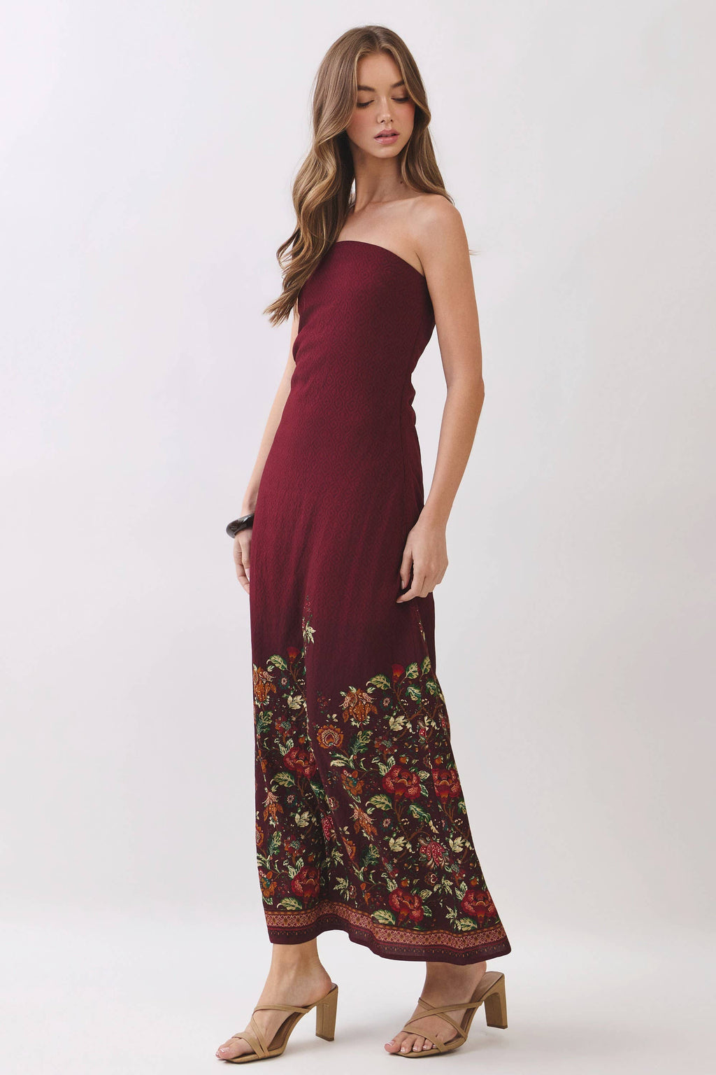 TCEC - CD07414-Border Floral Strapless Maxi Dress