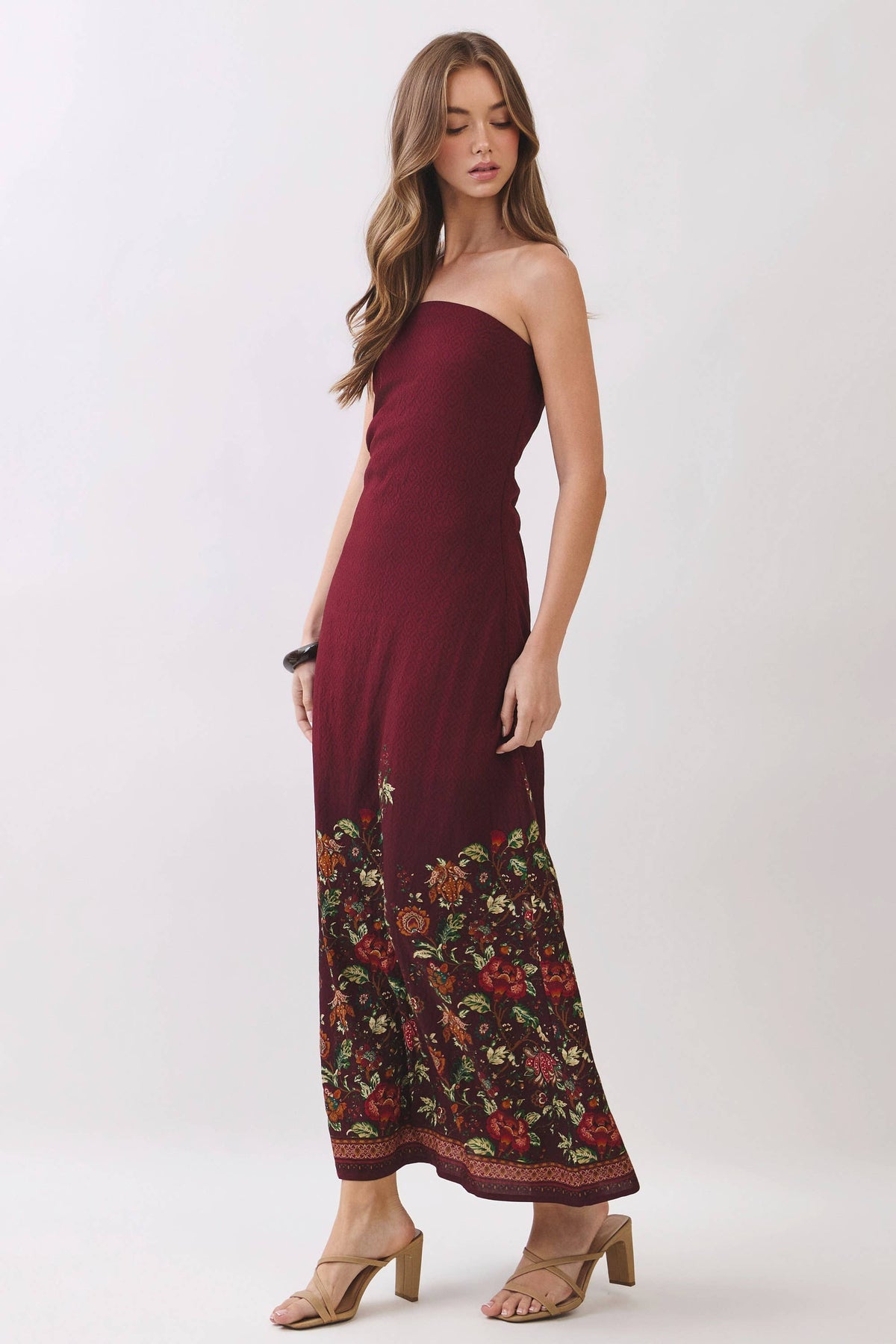 TCEC - CD07414-Border Floral Strapless Maxi Dress