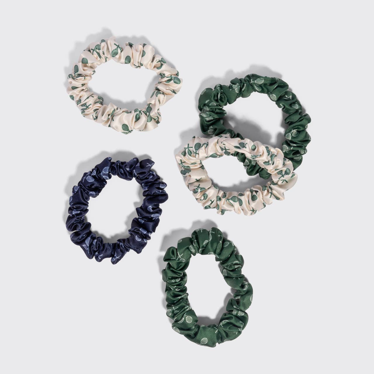 KITSCH - Ruched Satin Scrunchies 5pc Set - Cream, Court Green & Navy Blue