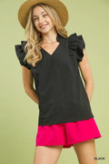 Textured Ruffle Sleeve V-Neck Blouse