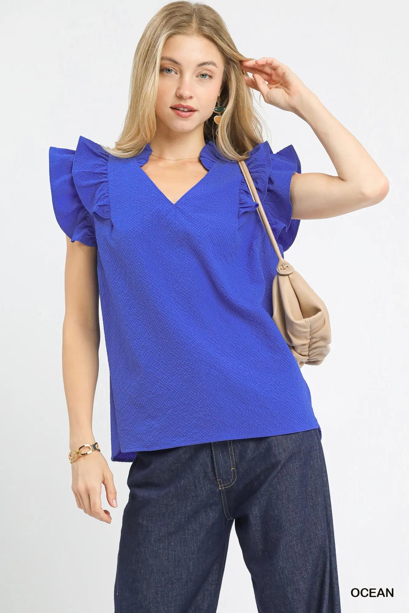 Textured Ruffle Sleeve V-Neck Blouse