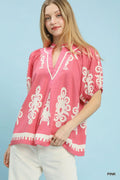 Boho Print Split-Neck Short Sleeve Top