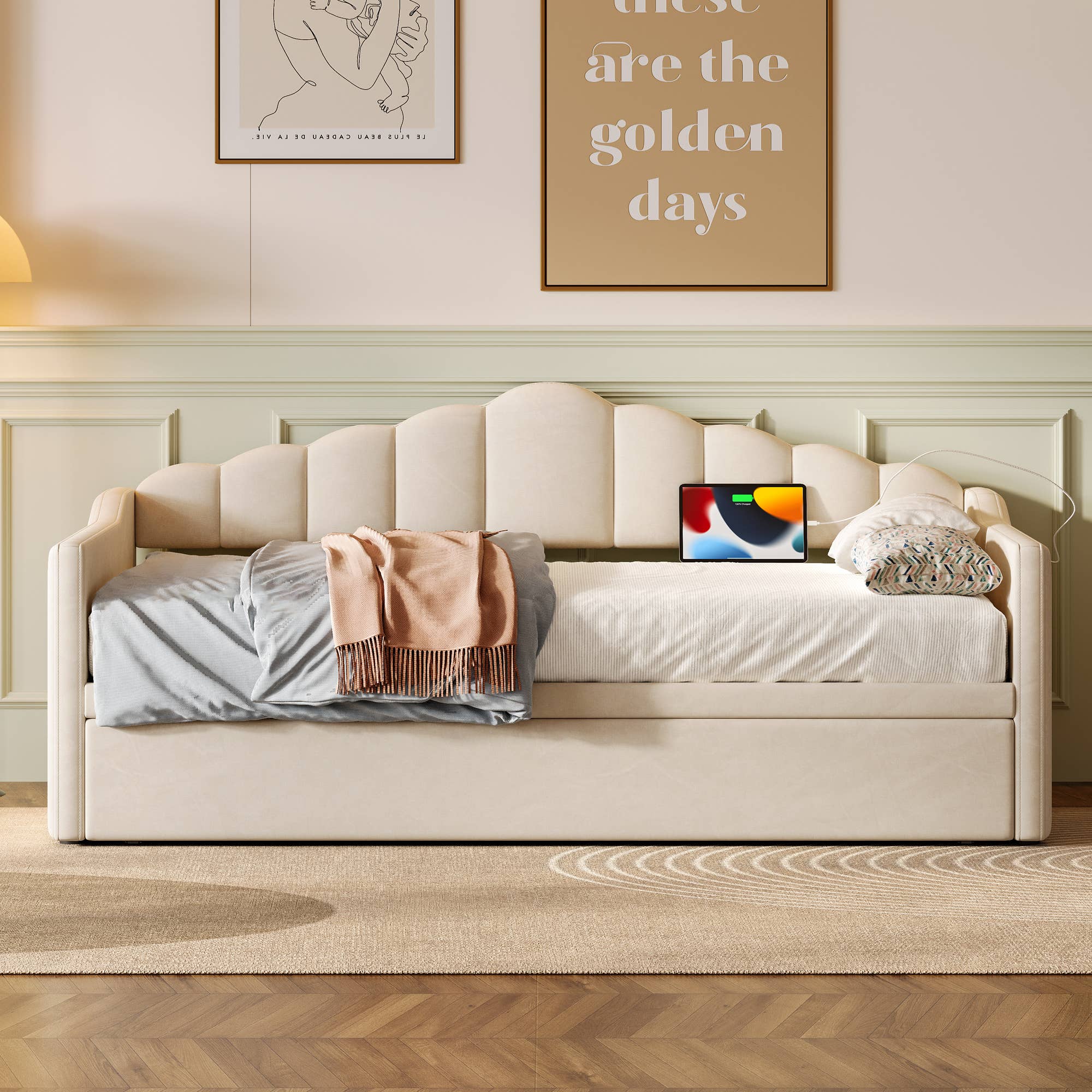 39F Inc. - Velvet Daybed with Pop Up Trundle USB Twin Beige/Pink