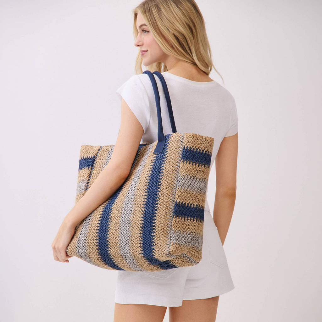 Hana - Multi Color Stripe Pattern Natural Brown Straw Tote Bag