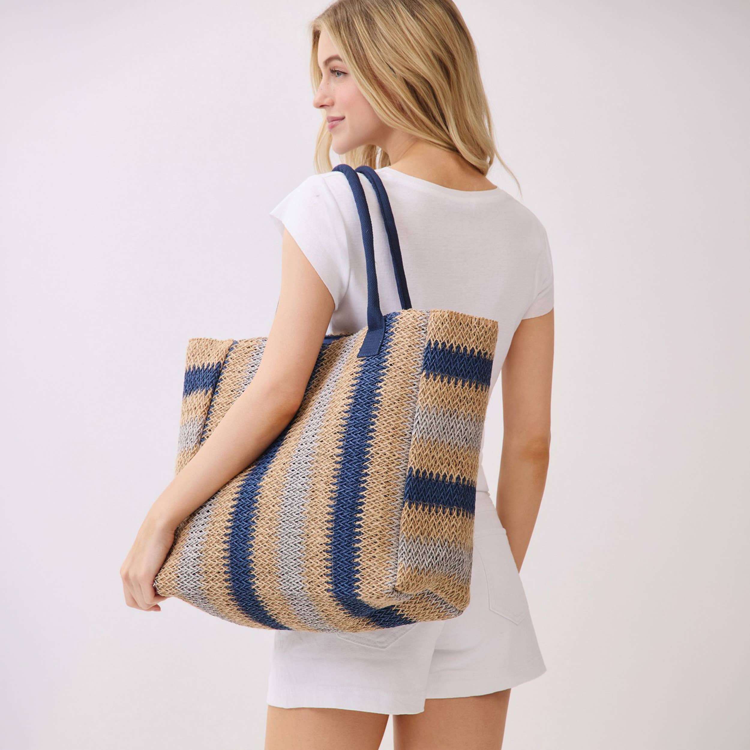 Hana - Multi Color Stripe Pattern Natural Brown Straw Tote Bag