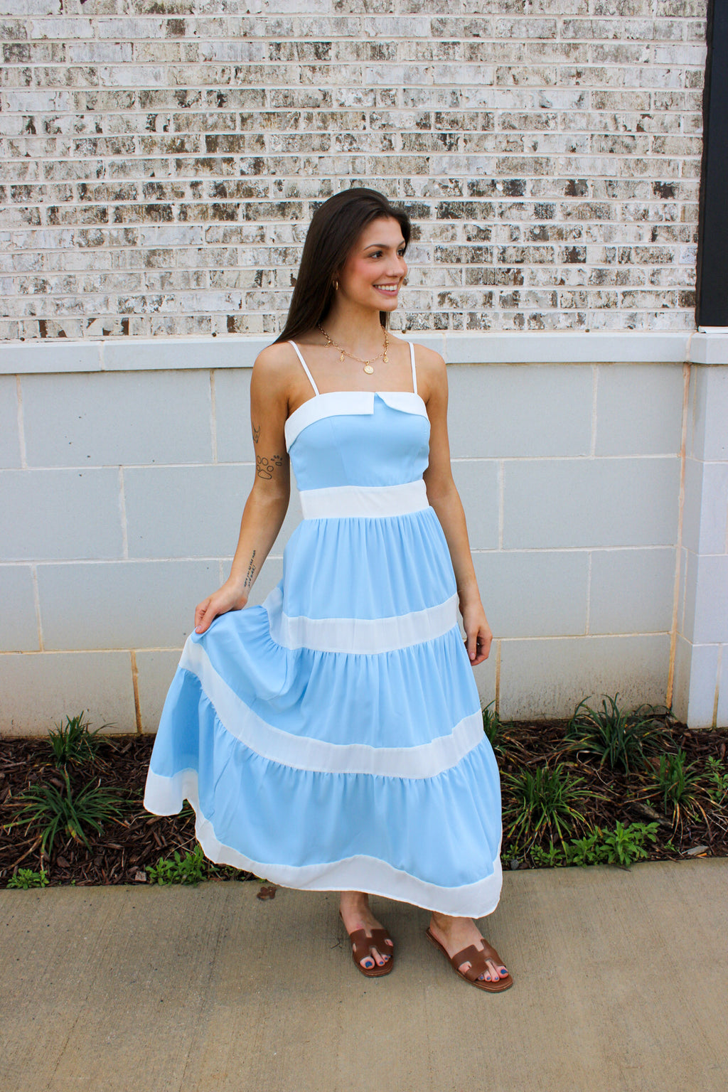 Tiered Midi Dress with Alternating Contrast Stripes