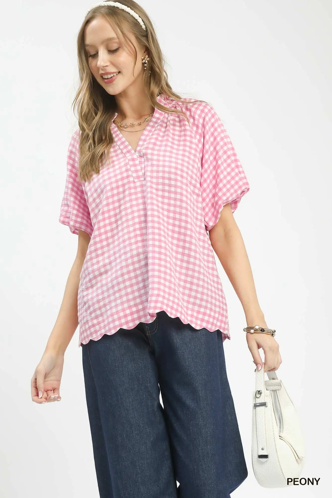 Gingham Bubble Sleeve V-Neck Top w/ Scallop Hem