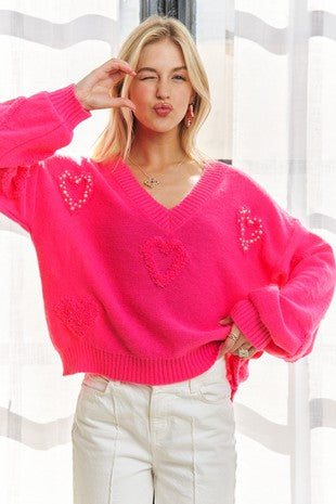 Fuchsia V-Neck Glitter Heart Sweater