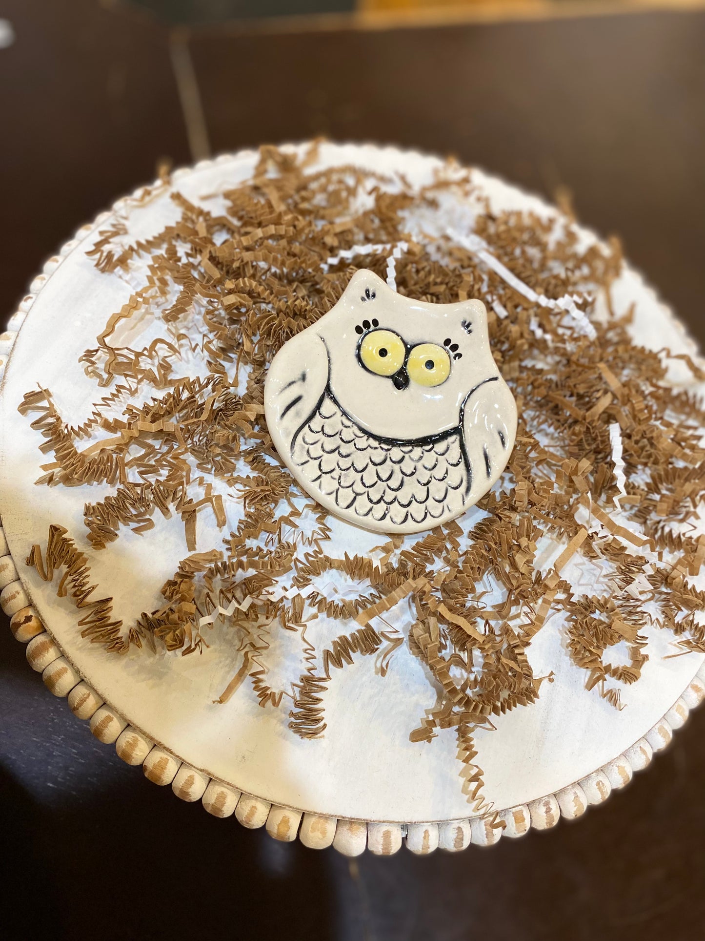 Small handmade white owl ceramic dish.