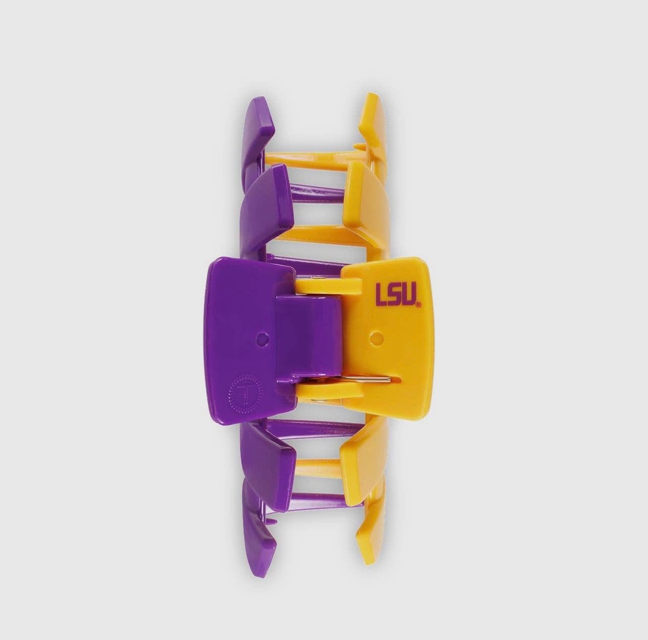Louisiana State University Collegiate Teletie Claw Clip in gold and purple. Top view.