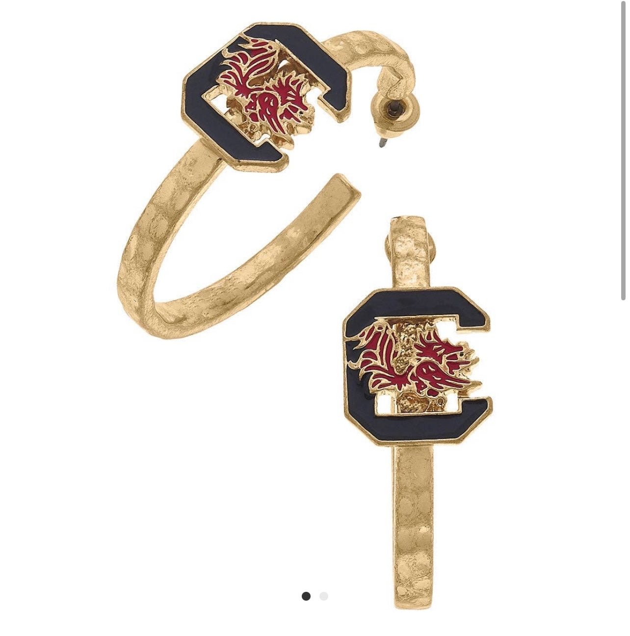 Gold College Enamel Hoop Earrings with University of South Carolina gamecocks logo.