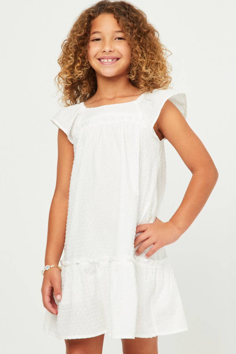 Girls Swiss Dot Ruffled Seamed Ruffle Shoulder Dress
