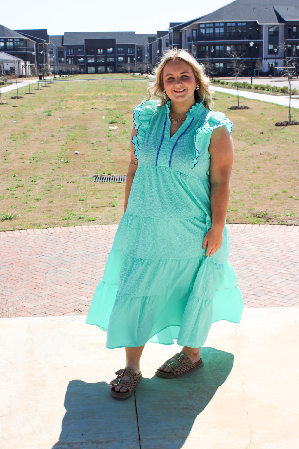 Seersucker Ruffle Sleeve Tiered Midi Dress