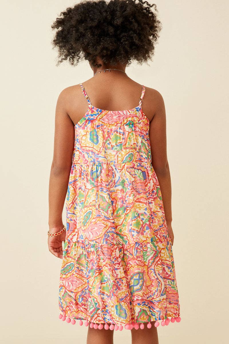 Girls Textured Abstract Floral Pom Pom Hem Dress