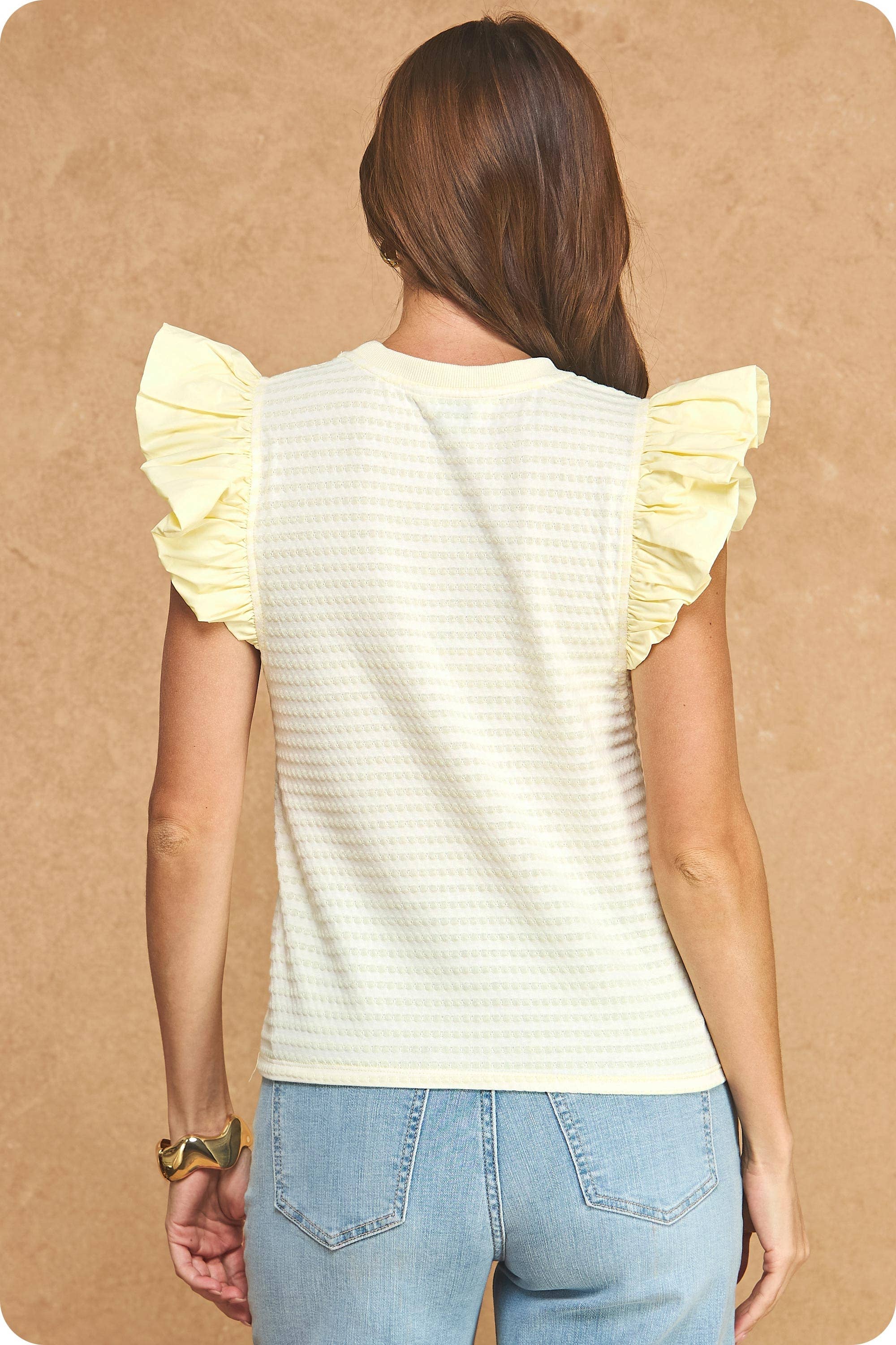 Strut & Bolt - Textured Stripe Bubble Ruffle Sleeve Knit Tee Top
