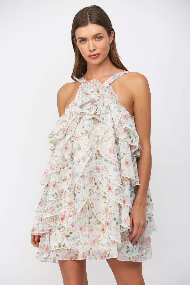 FATE - PETAL SHAPED CASCADING RUFFLE DETAIL FLORAL DRESS FD35811