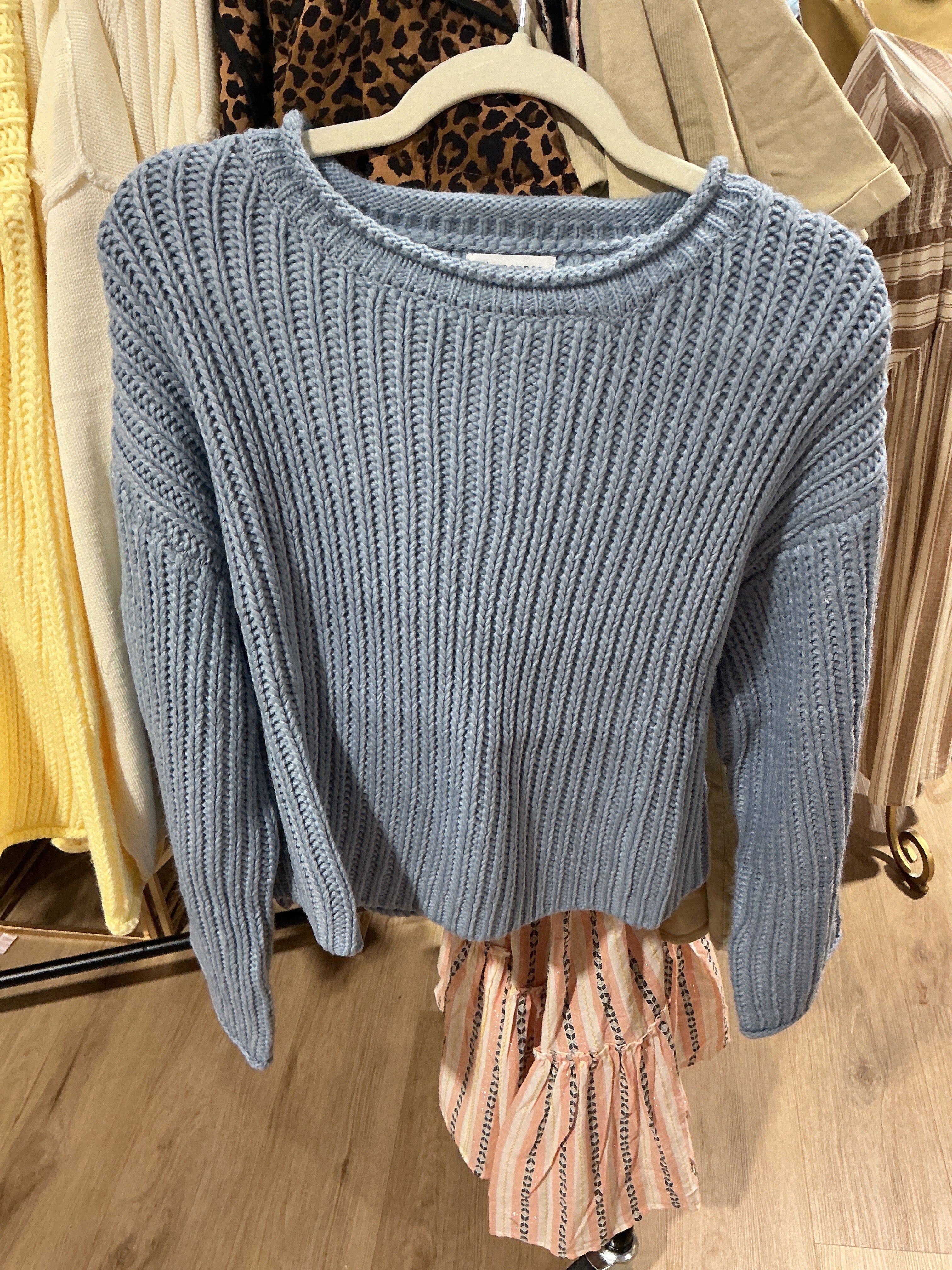 Roll-Up Raw Edge Detail Long Sleeve Knit Sweater