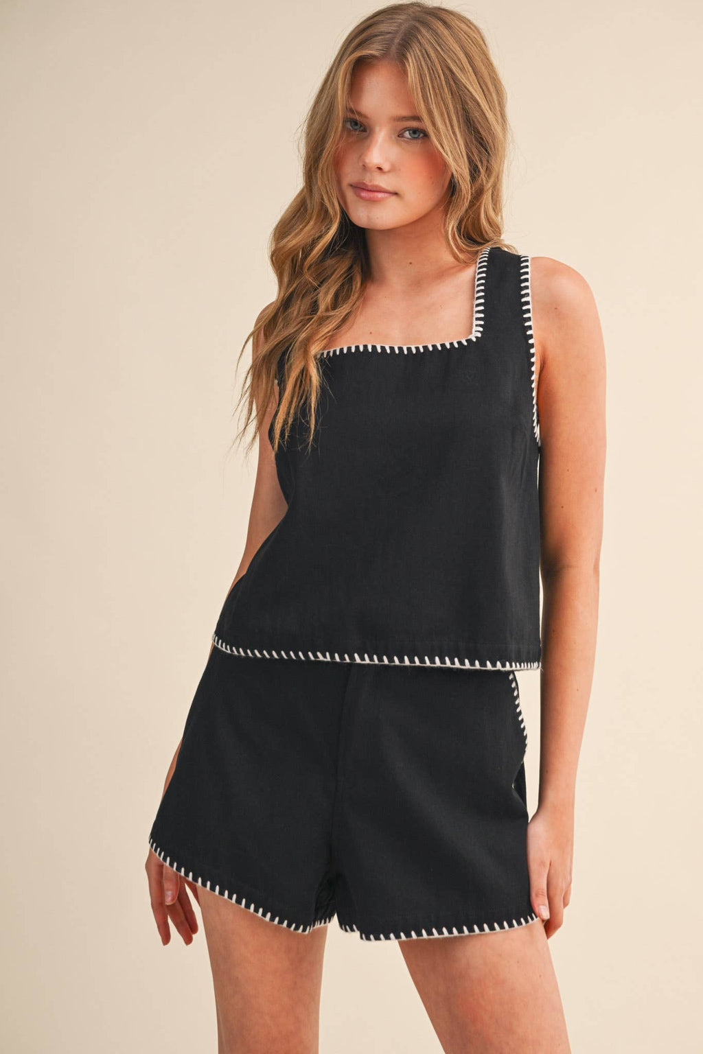 WHIPSTITCH DENIM CROP TOP AND SHORTS SET MPST4627