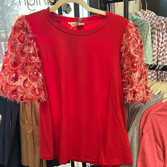 Red top with soft round neck and fringed sequin sleeves.