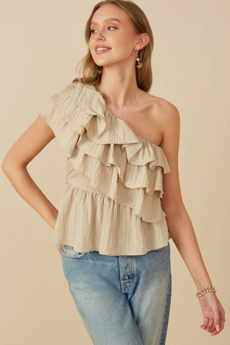 Womens One Shoulder Textured Layered Ruffle Top