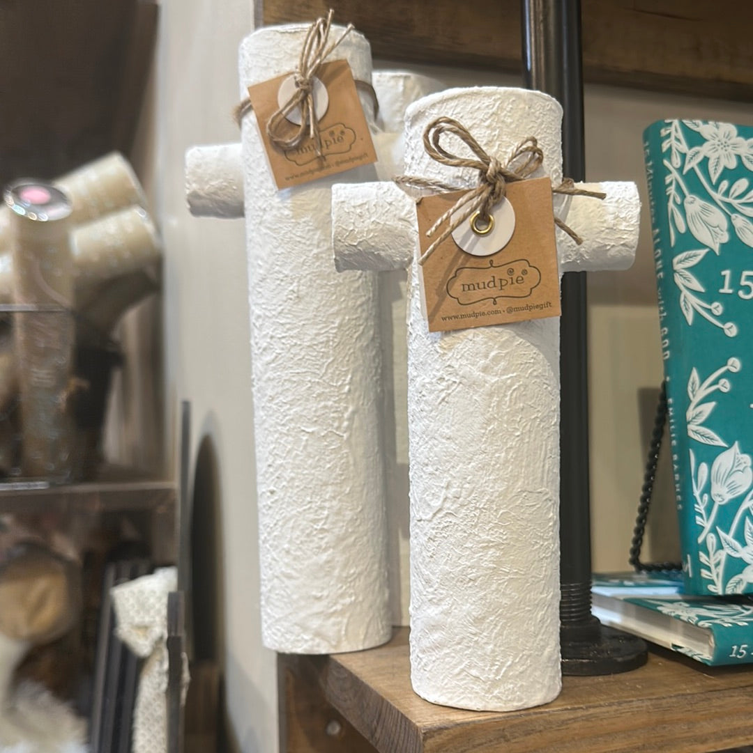 Two round paper mâché crosses.