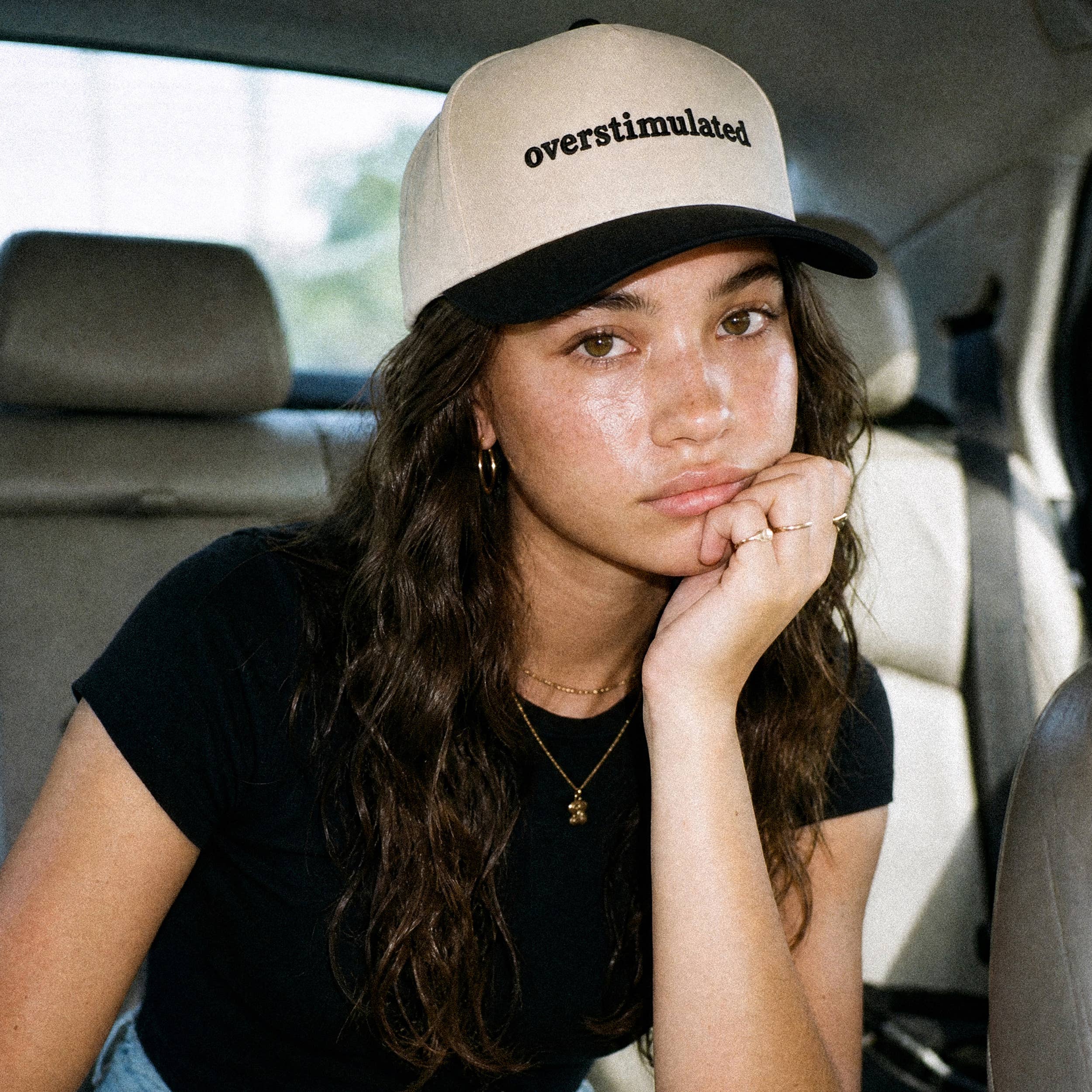 Hana - C.C OVERSTIMULATED Letter Embroidered Two Tone Trucker Cap