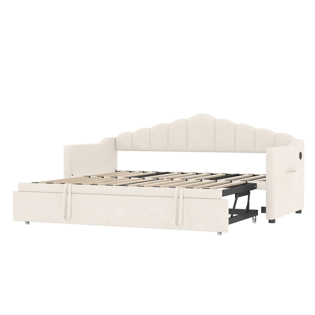 39F Inc. - Velvet Daybed with Pop Up Trundle USB Twin Beige/Pink