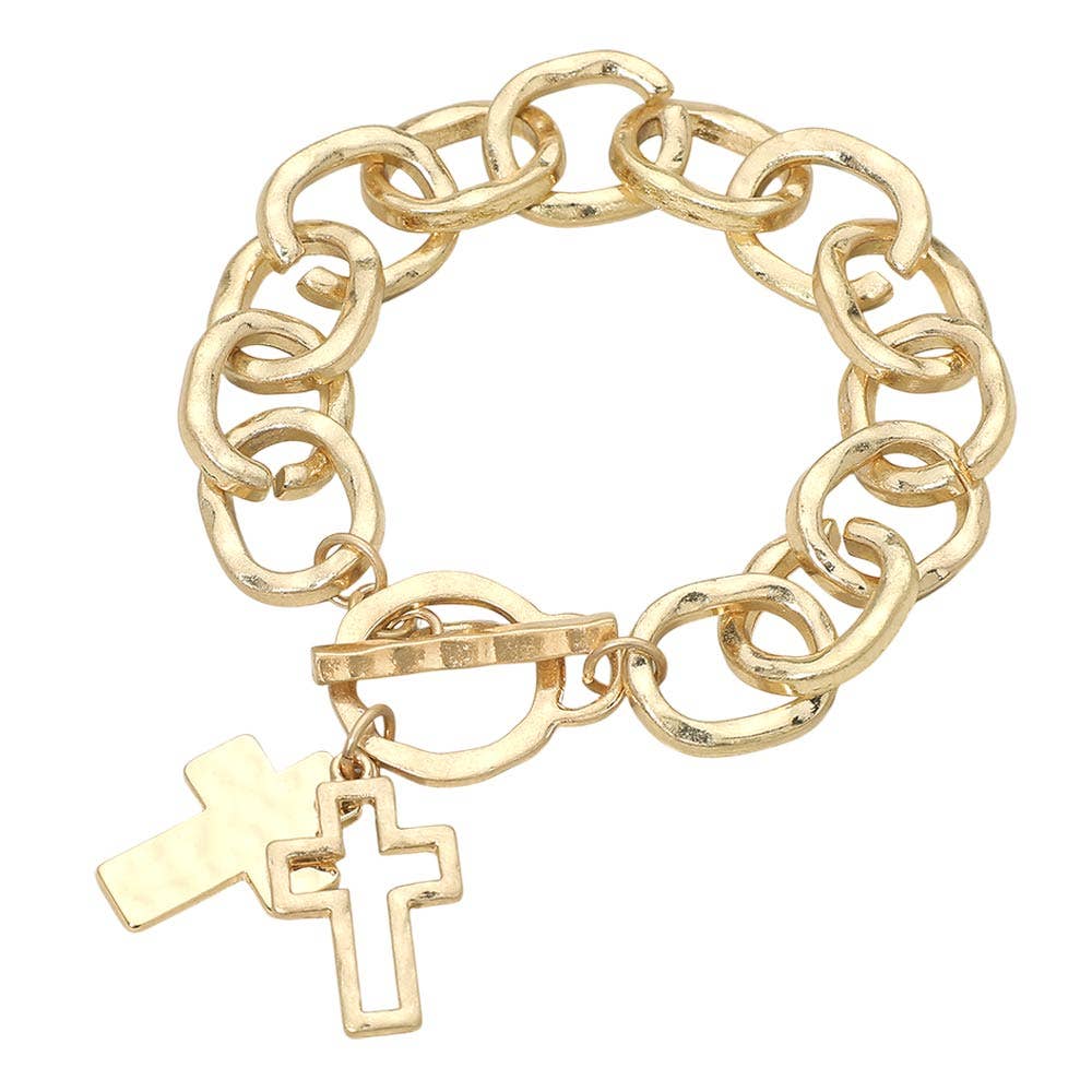 Hammered Layered Cross Charm Chunky Chain Toggle Bracelet