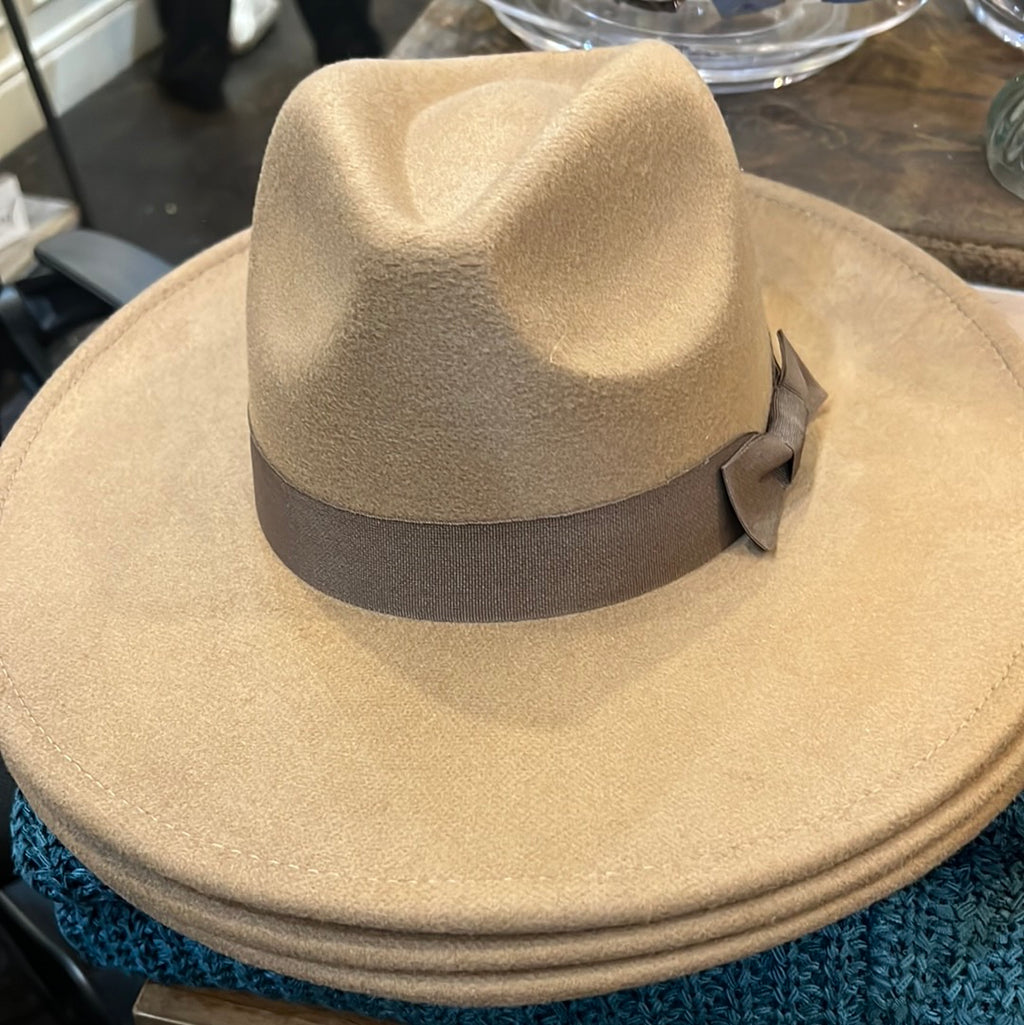 Taupe and ribbon bow wide brim fashion hat.