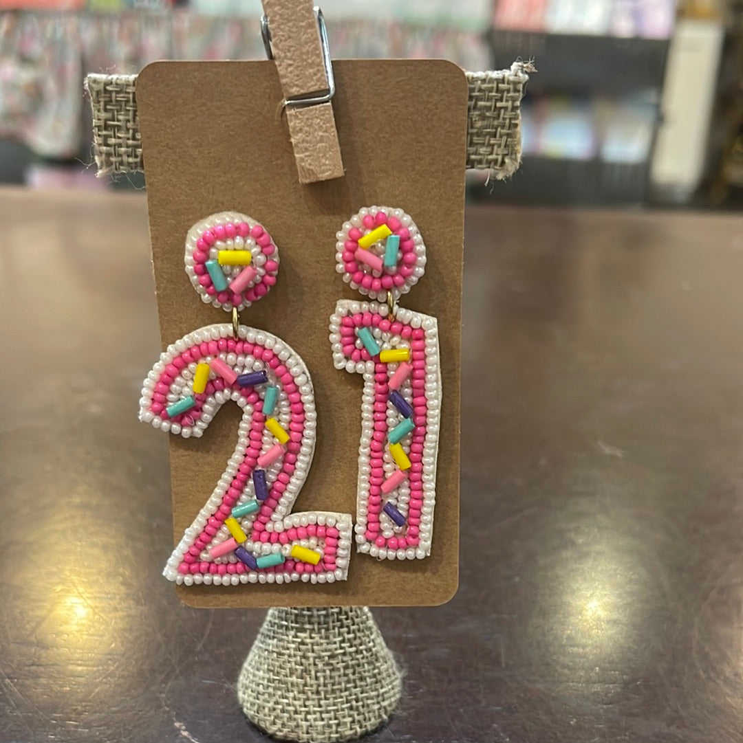 Beaded "21" birthday earrings.