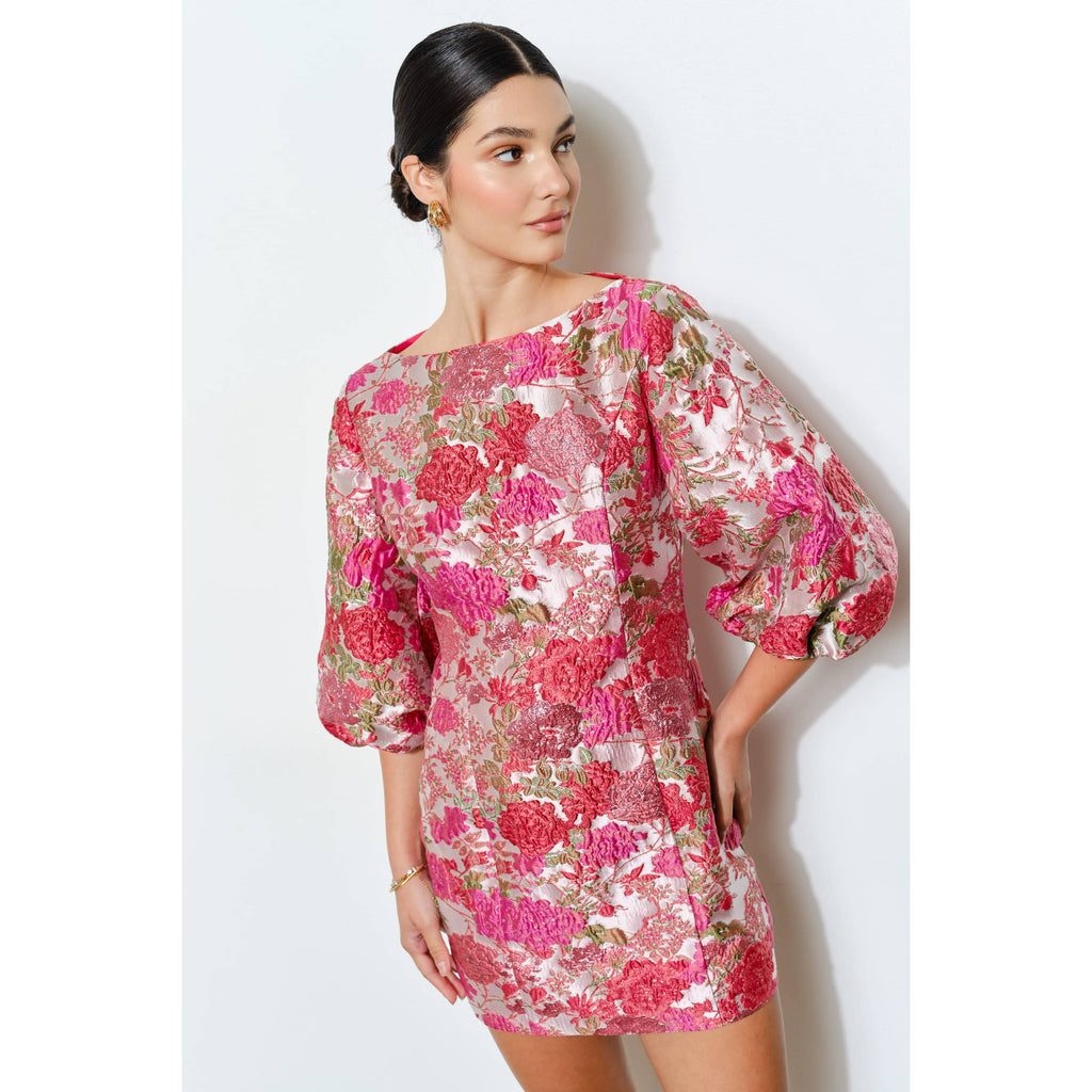Luxe Metallic Floral Jacquard Puff 1/2 Mini Dress