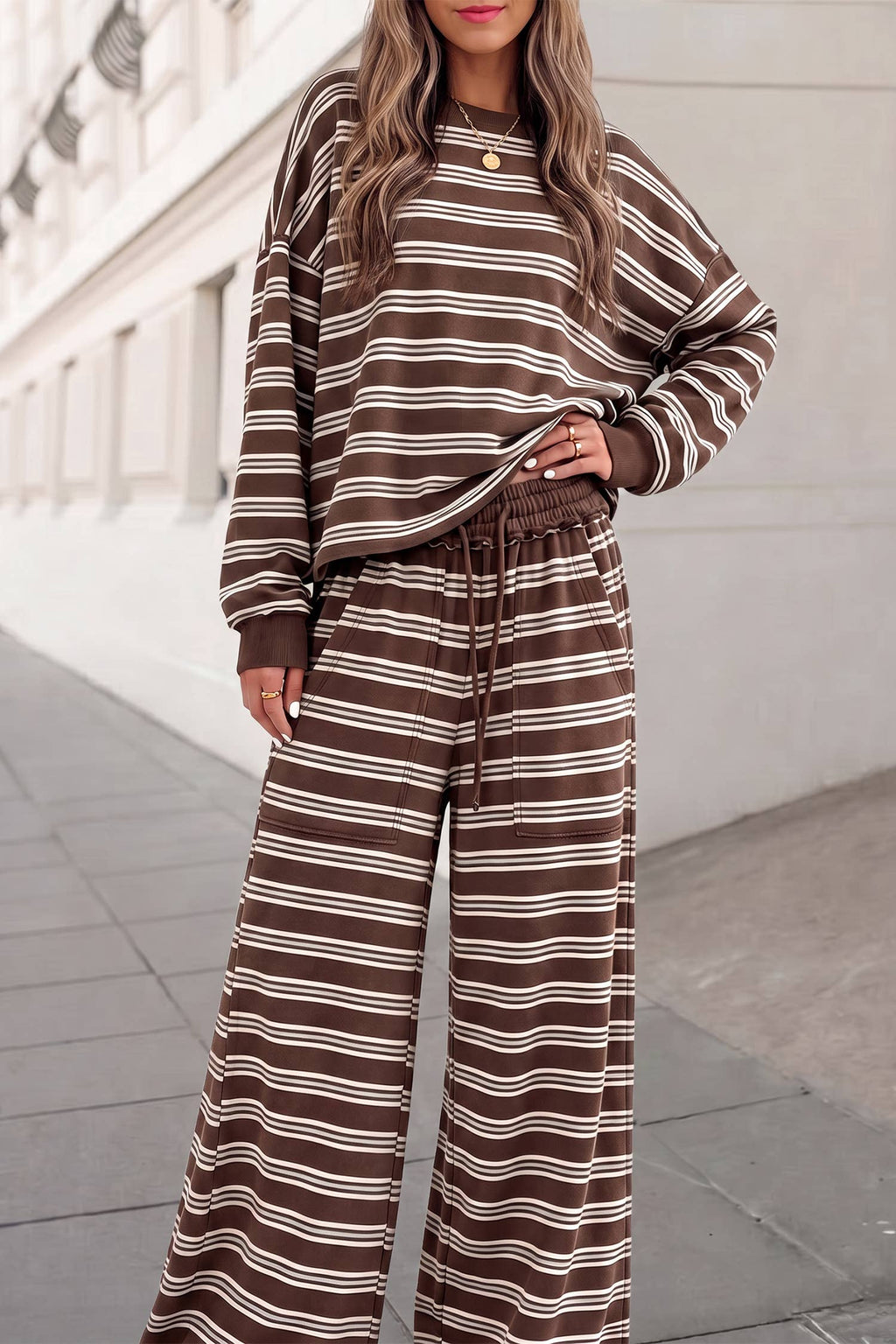 Aapparella - Striped Cutout Back Top &  Pants 2pcs Set | S-4X