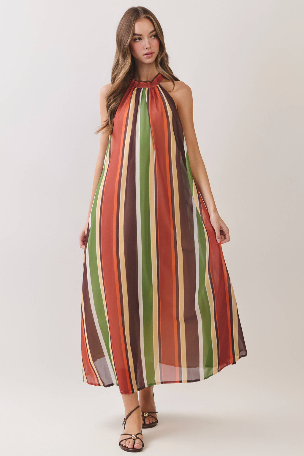 TCEC - CD07529-Multi Stripe Halter Maxi Dress