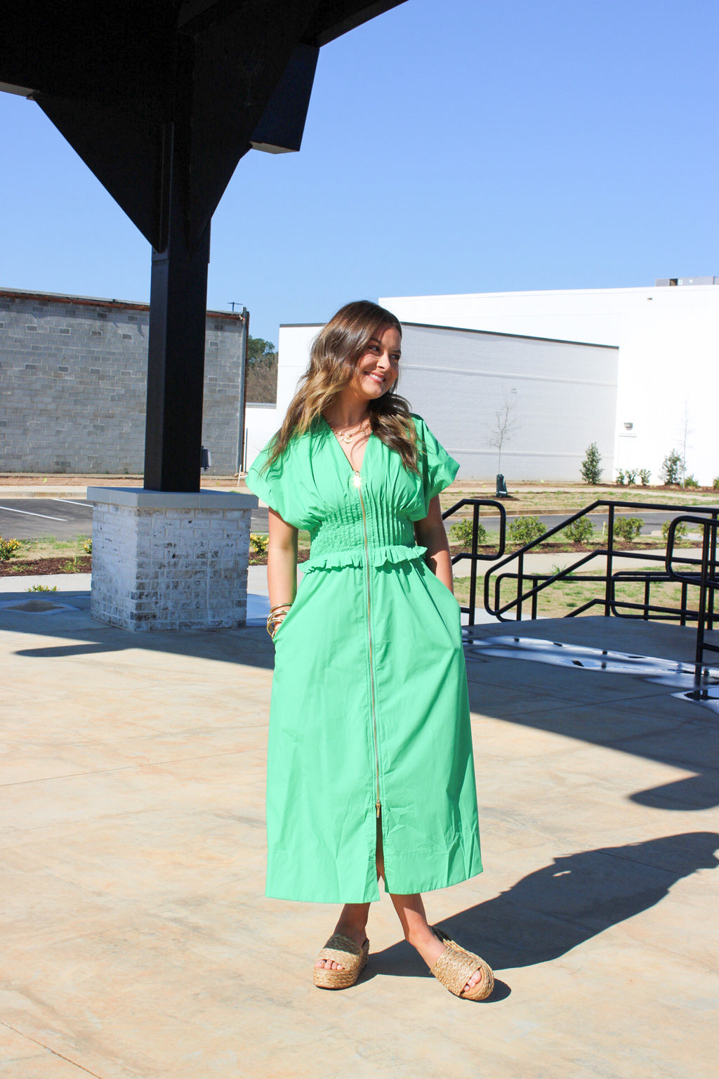 Smocked Waited Zip Midi Dress