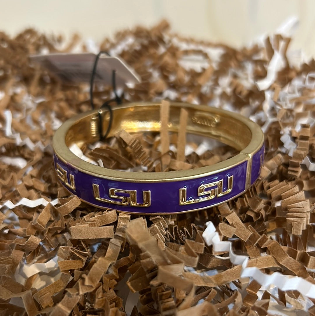 Gold and purple College Enamel Hinge Bangle with "LSU".