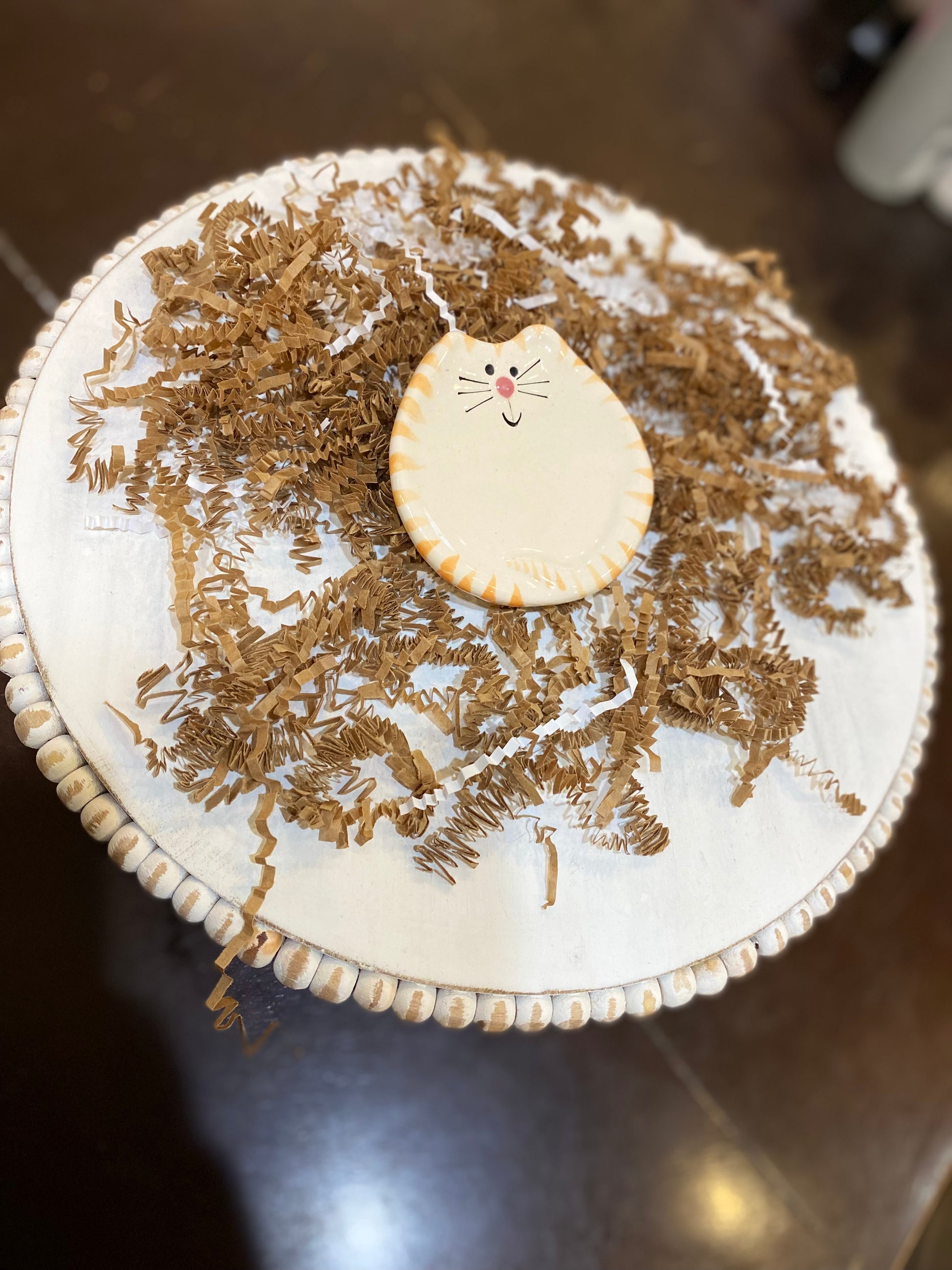 Small handmade orange tabby cat ceramic dish.