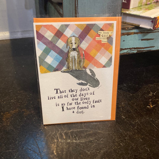 Front of card includes a dog with a plaid pattern. Inside is blank.