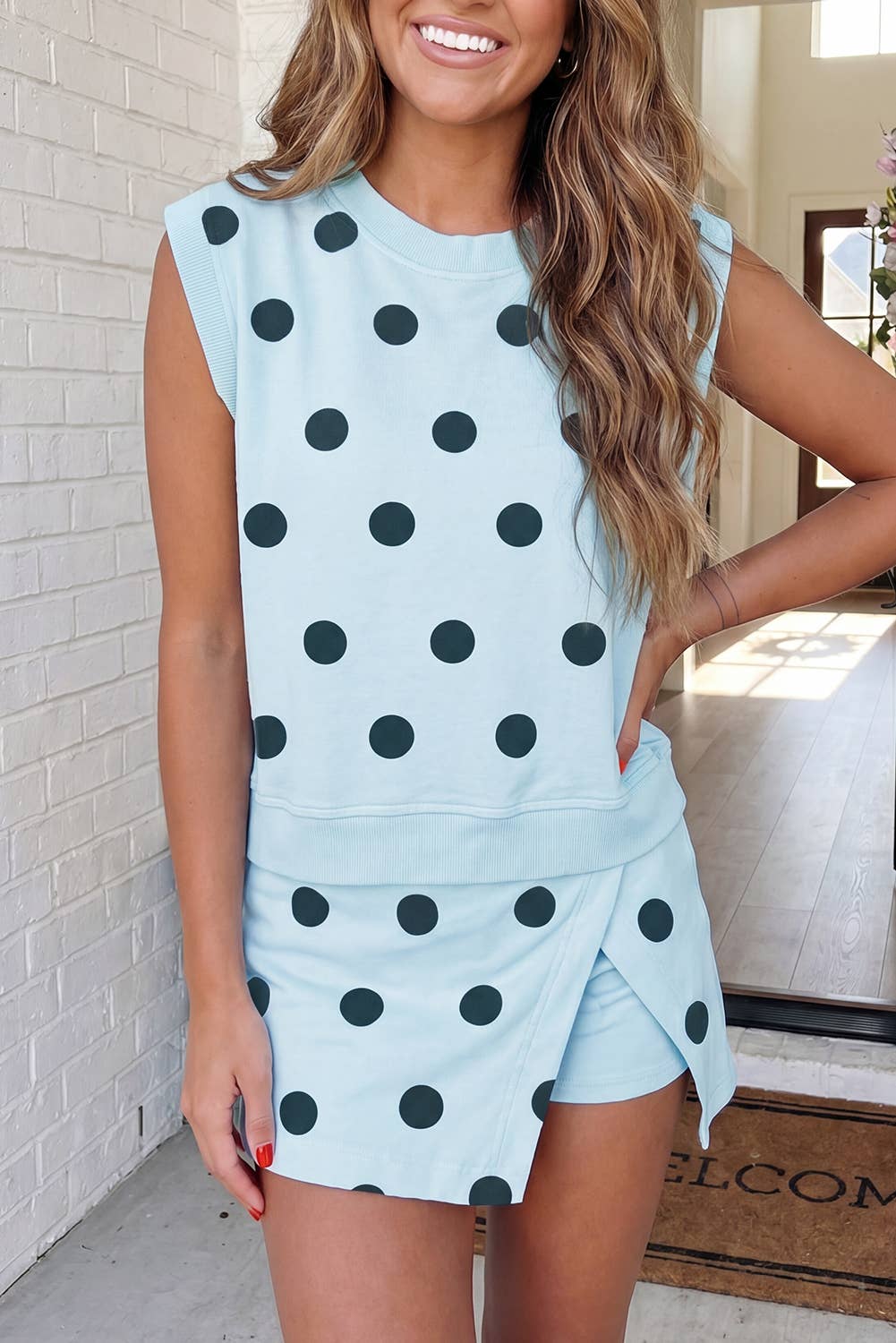 LA Society - LAS Ribbed Trim Polka Dot Tank Split Mini Skort Set(S-4X)