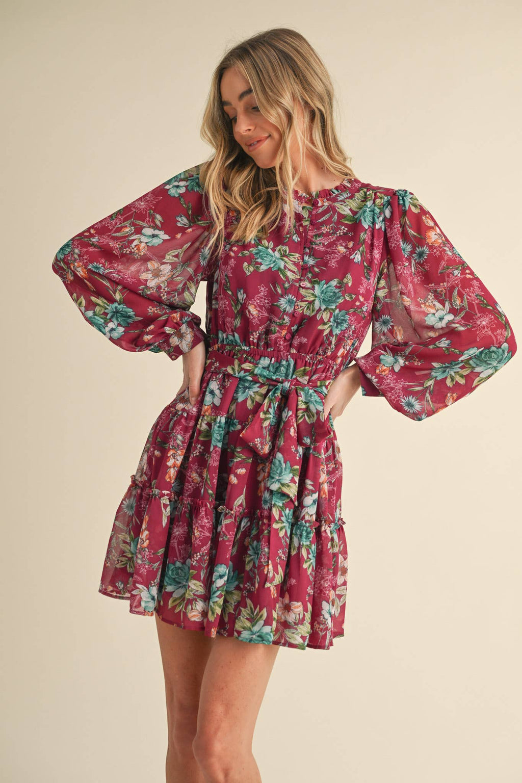 EXCLUSIVE PRINT PUFF SLEEVE BUTTON DOWN MINI DRESS