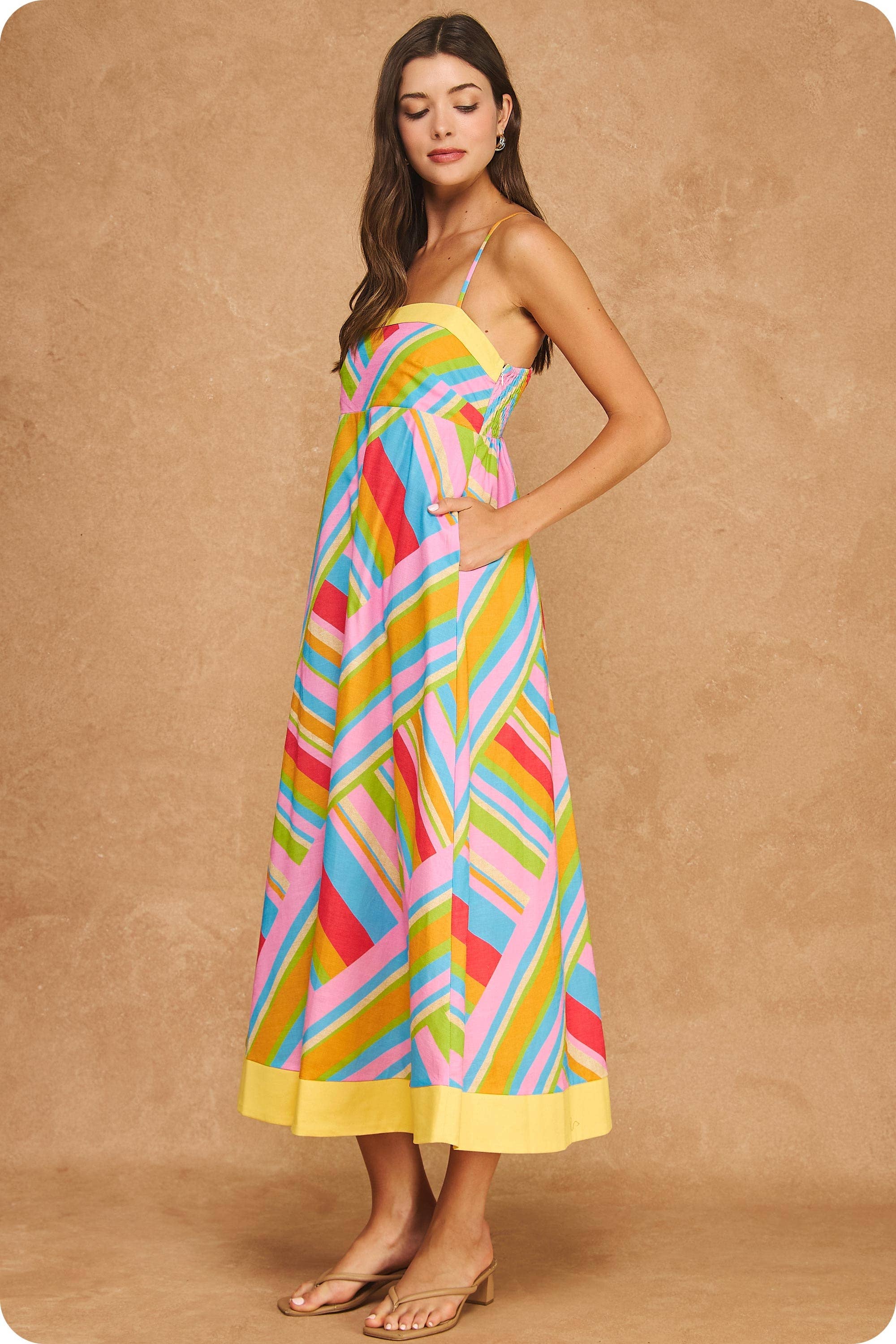 Strut & Bolt - Vibrant Geometric Stripe Contrast Midi Dress