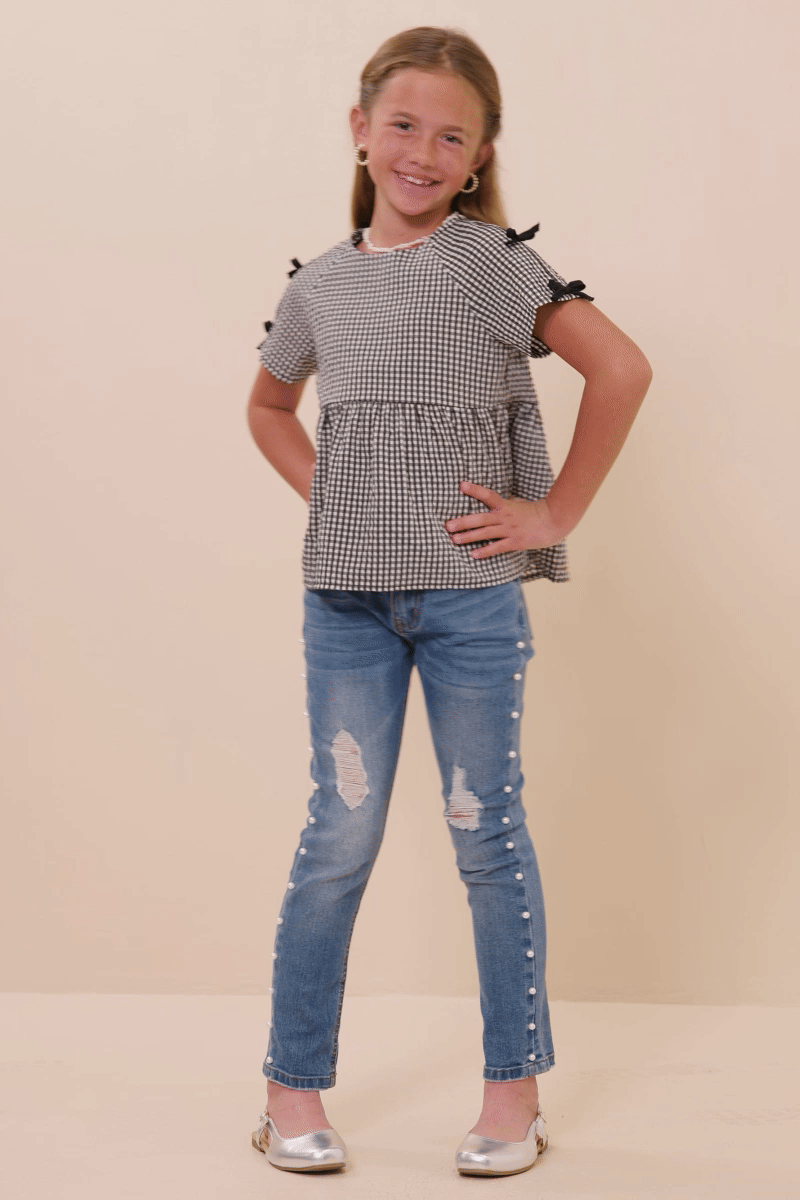 Girls Contrast Ribbon Gingham Babydoll Top