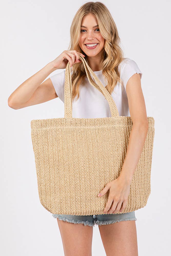 Solid Color Crochet Summer Straw Tote Bag