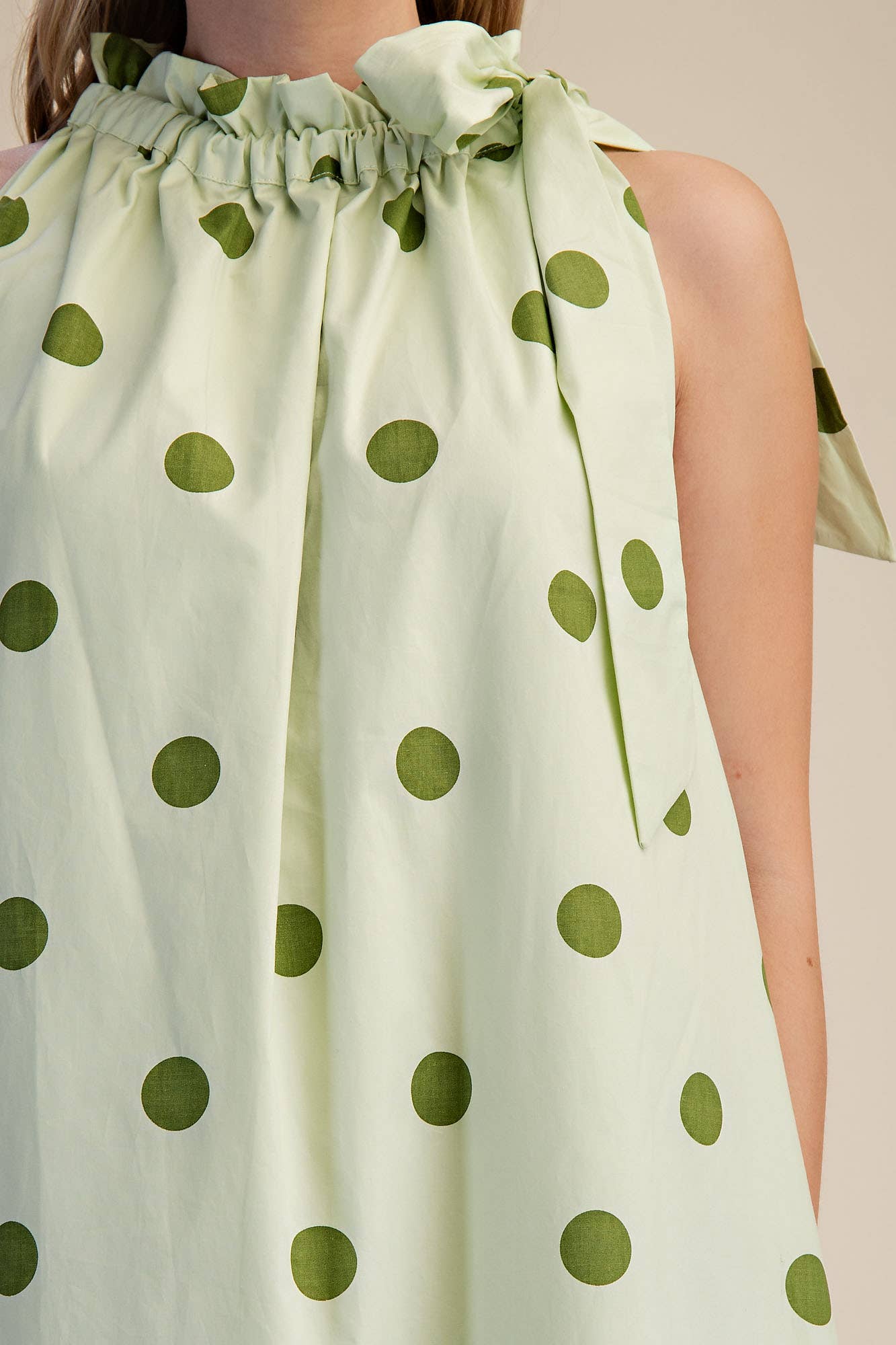 Ruffle Neck Tie Polka Dot Sleeveless Midi Dress