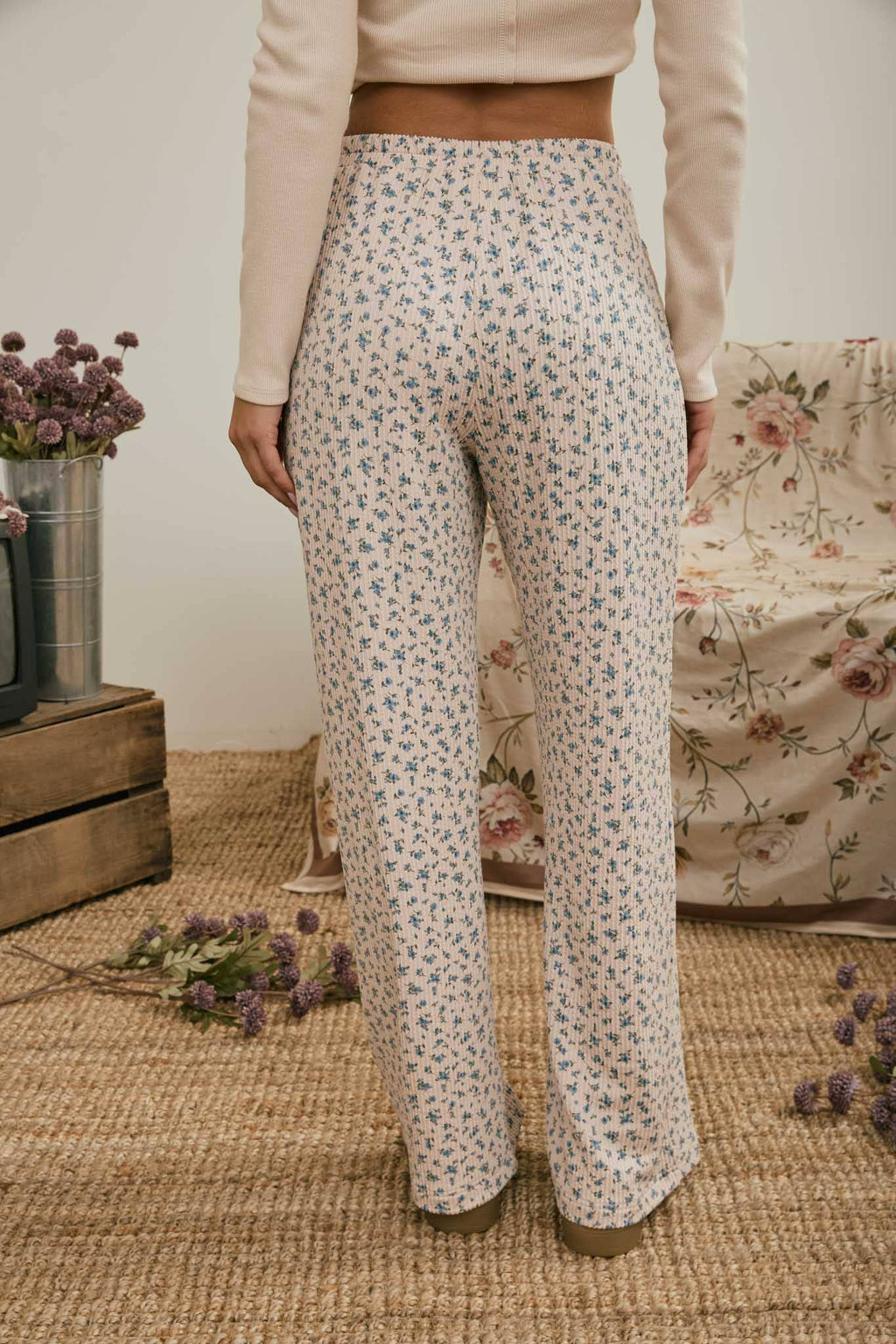 J.O.A - DITSY FLORAL RIB KNIT WIDE LEG LOUNGE PANTS