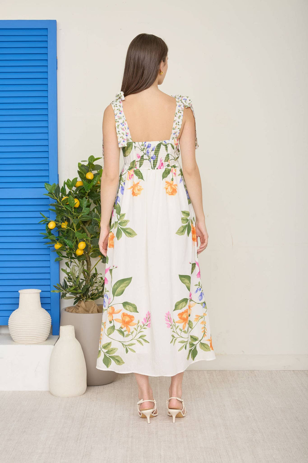 FLORAL TIE STRAP DETAIL EMPIRE WAIST MIDI DRESS