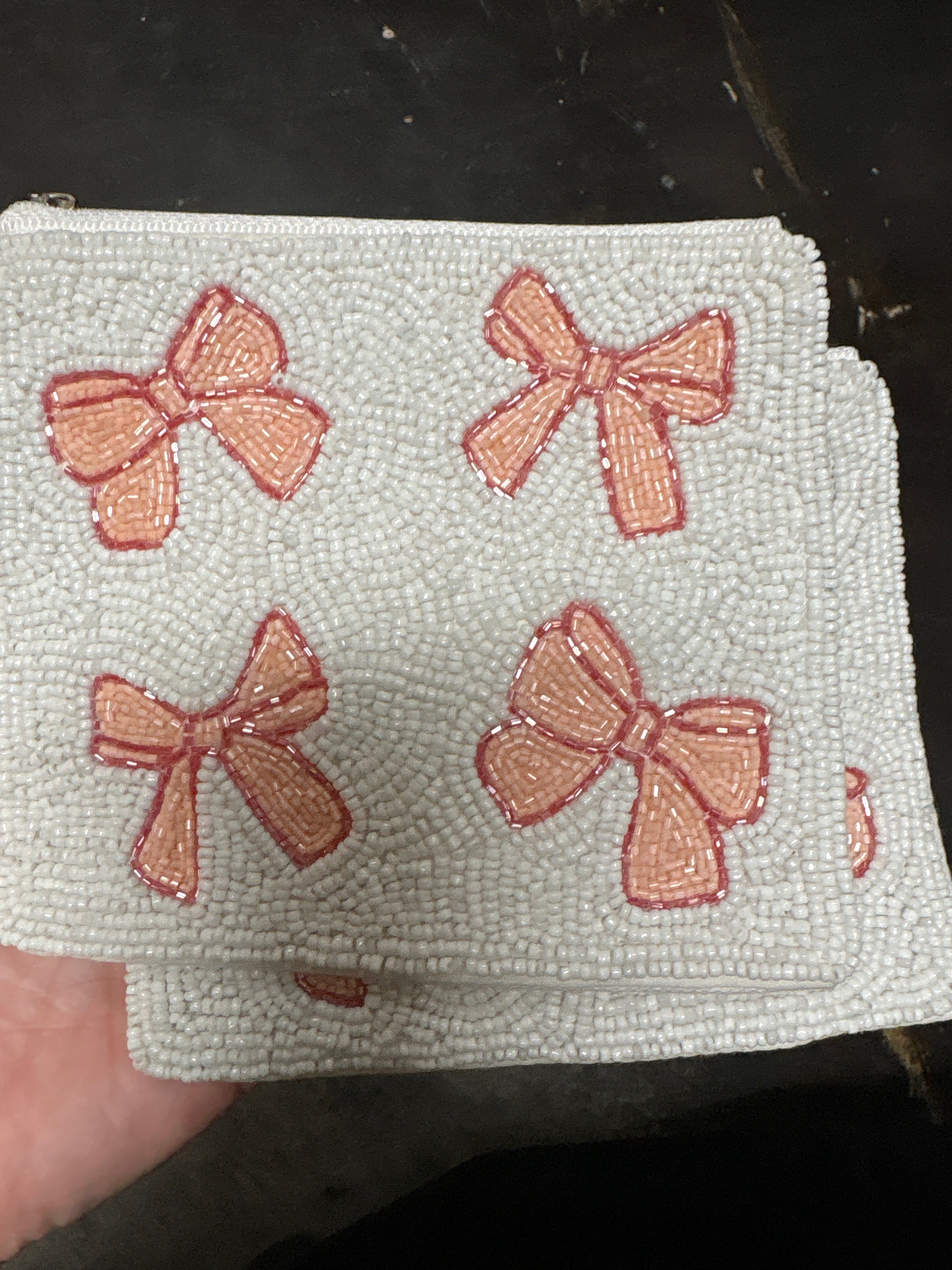 Pink Bow Beaded White Coin Purse