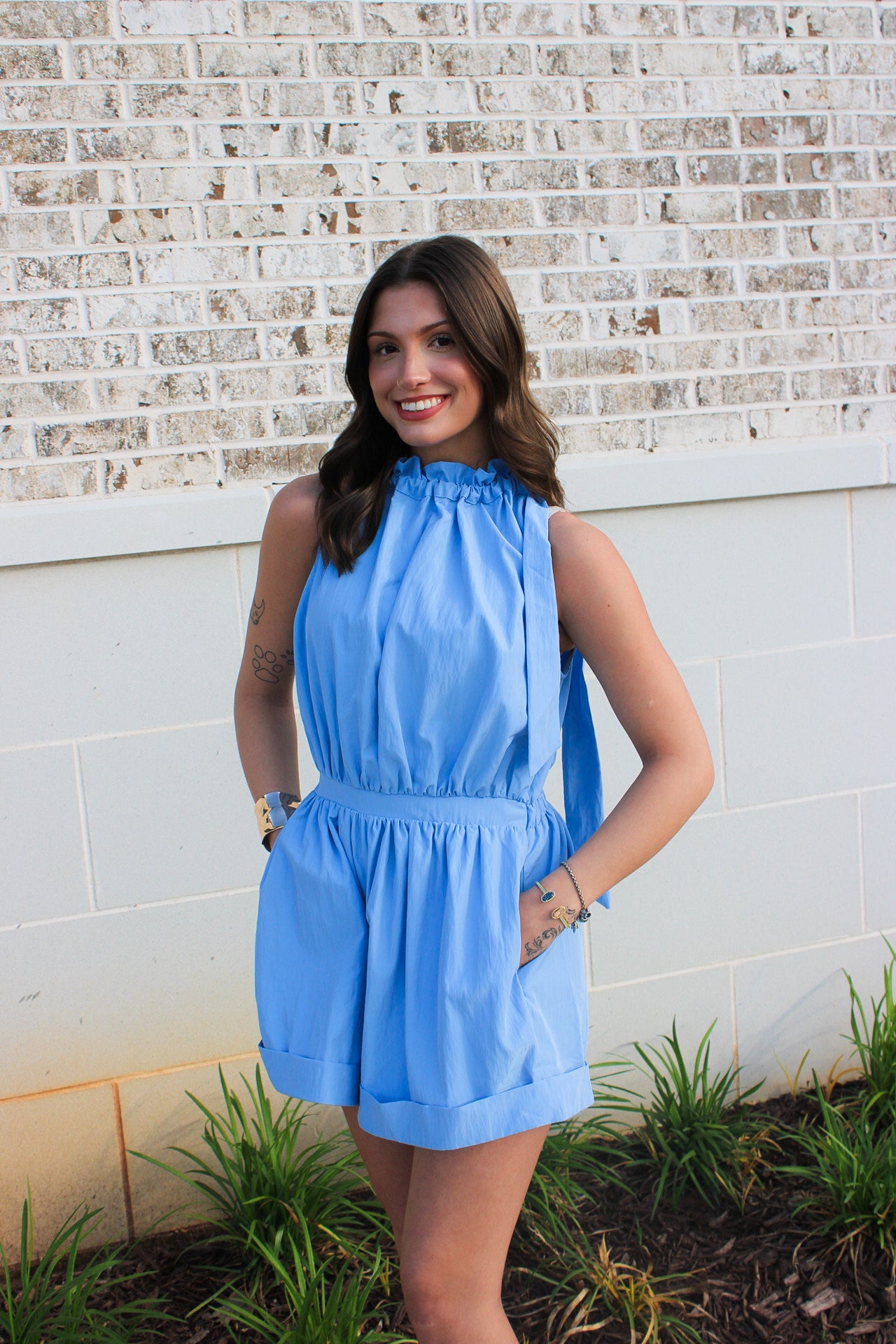 Ruffle Neck Tie Sleeveless Cuffs Hem Romper