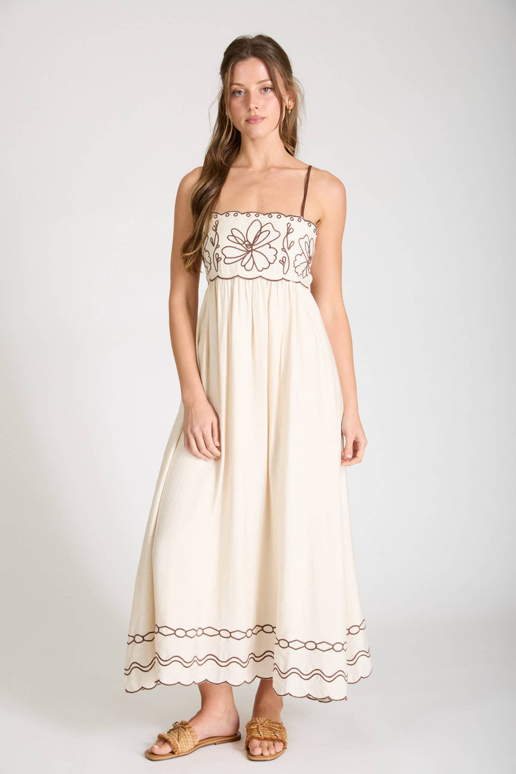 FLORAL EMBROIDERY SCALLOPED MIDI DRESS