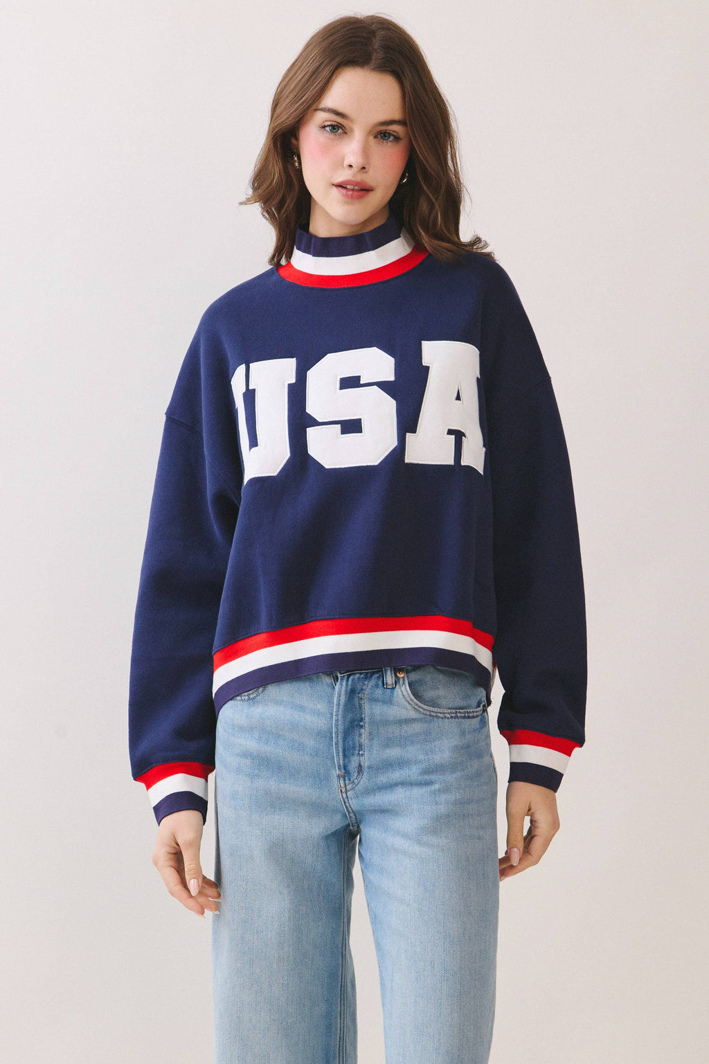 TCEC - CT9794-USA Letter Print Contrast Trim Sweatshirt